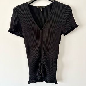 Maje Black Ribbed V-Neck Short Sleeve Tee